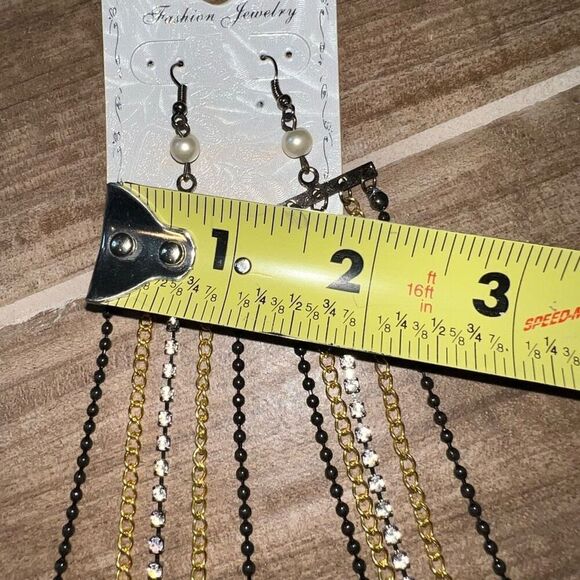 Long Wide Chain Fringe Dangle Chandelier Earring Black Gold Tone Rhinestone - Picture 3 of 6